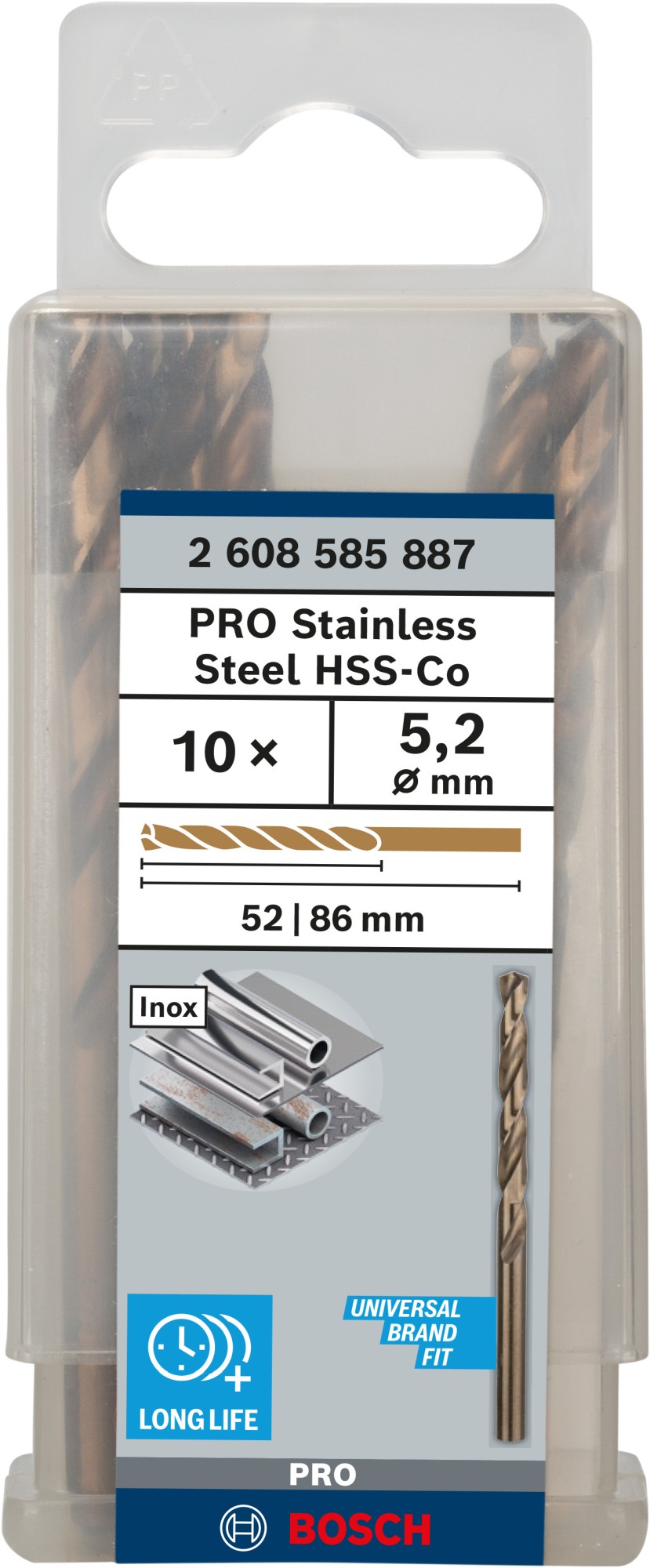 Broca helicoidal PRO Stainless Steel HSS-Co, 5,2 x 52 x 86 mm, 10 unidades