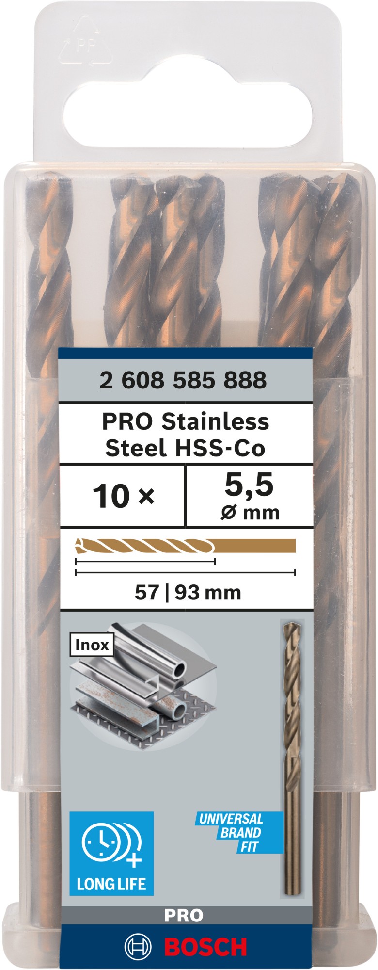 Broca helicoidal PRO Stainless Steel HSS-Co, 5,5 x 57 x 93 mm, 10 unidades