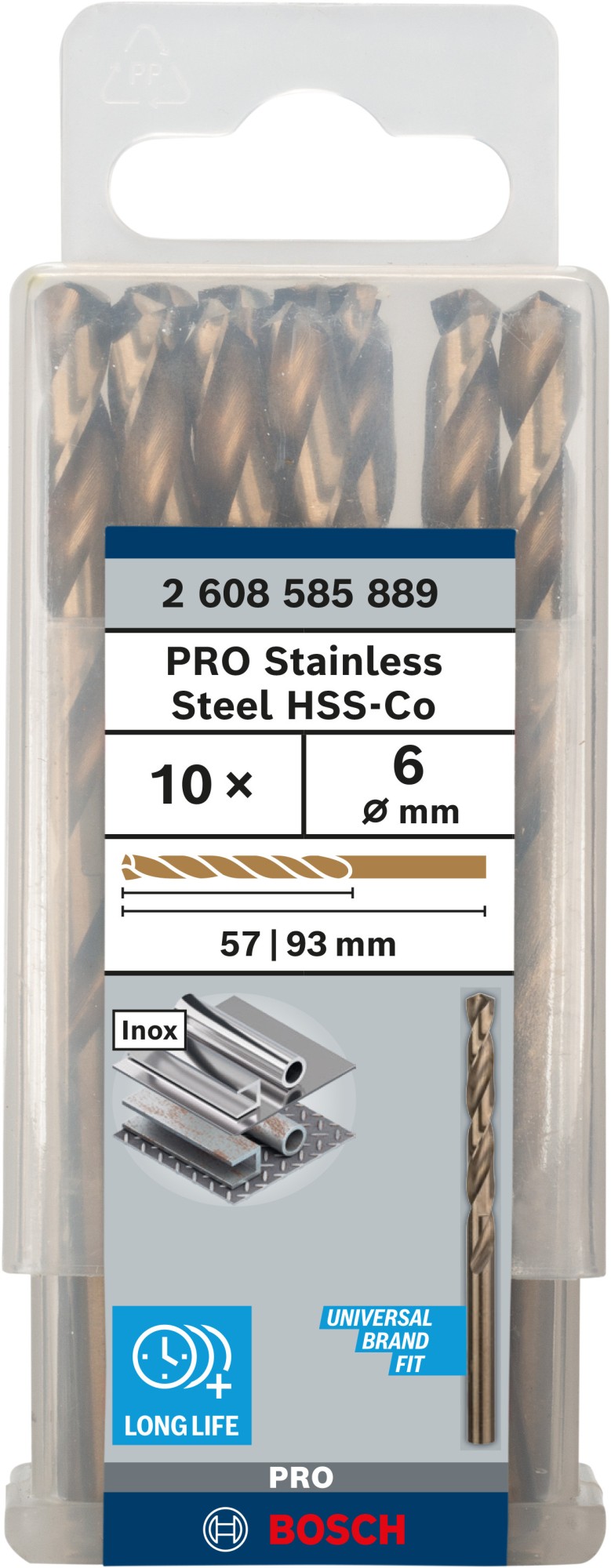 Broca helicoidal PRO Stainless Steel HSS-Co, 6 x 57 x 93 mm, 10 unidades