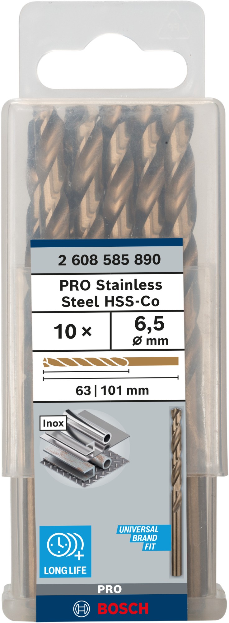 Broca helicoidal PRO Stainless Steel HSS-Co, 6,5 x 63 x 101 mm, 10 unidades