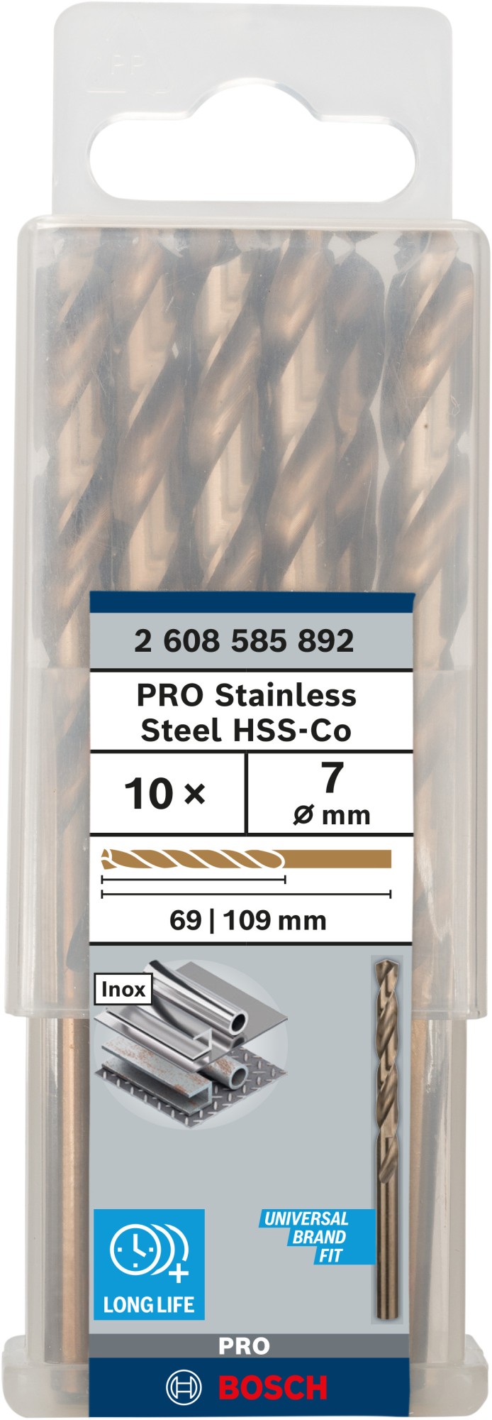 Broca helicoidal PRO Stainless Steel HSS-Co, 7 x 69 x 109 mm, 10 unidades