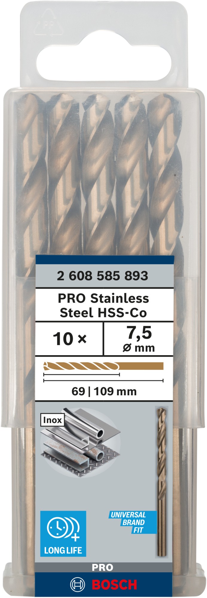 Broca helicoidal PRO Stainless Steel HSS-Co, 7,5 x 69 x 109 mm, 10 unidades