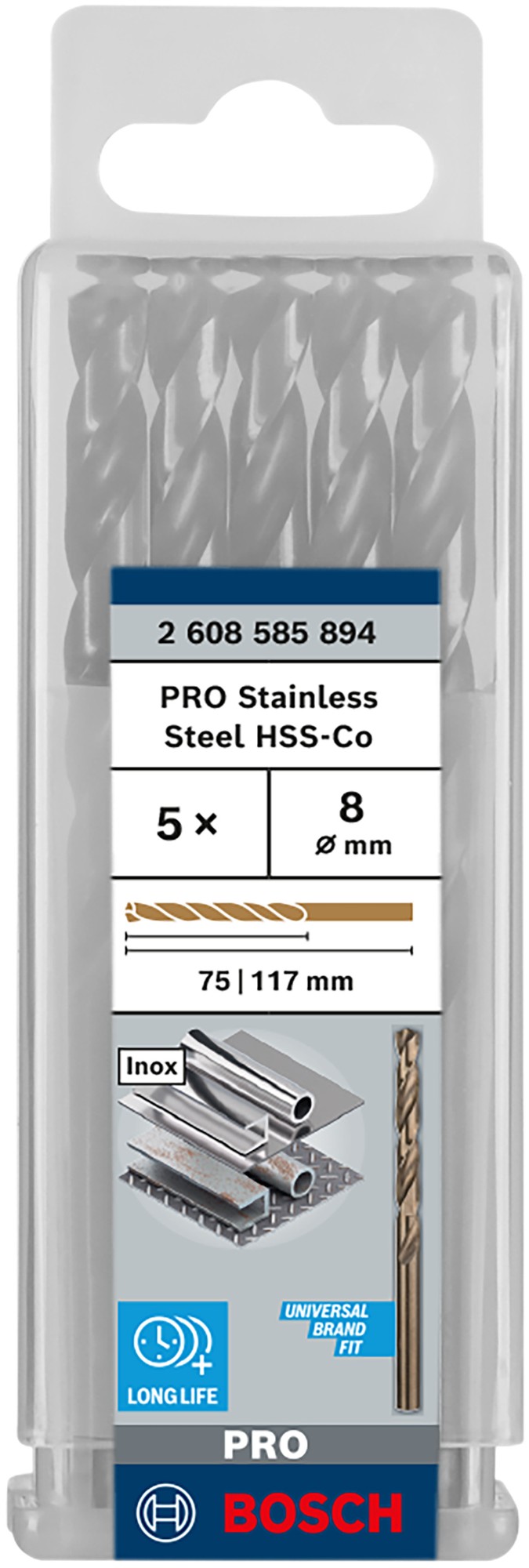 Broca helicoidal PRO Stainless Steel HSS-Co, 8 x 75 x 117 mm, 5 unidades