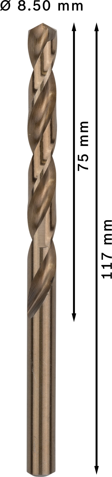 Broca helicoidal PRO Stainless Steel HSS-Co, 8,5 x 75 x 117 mm, 5 unidades
