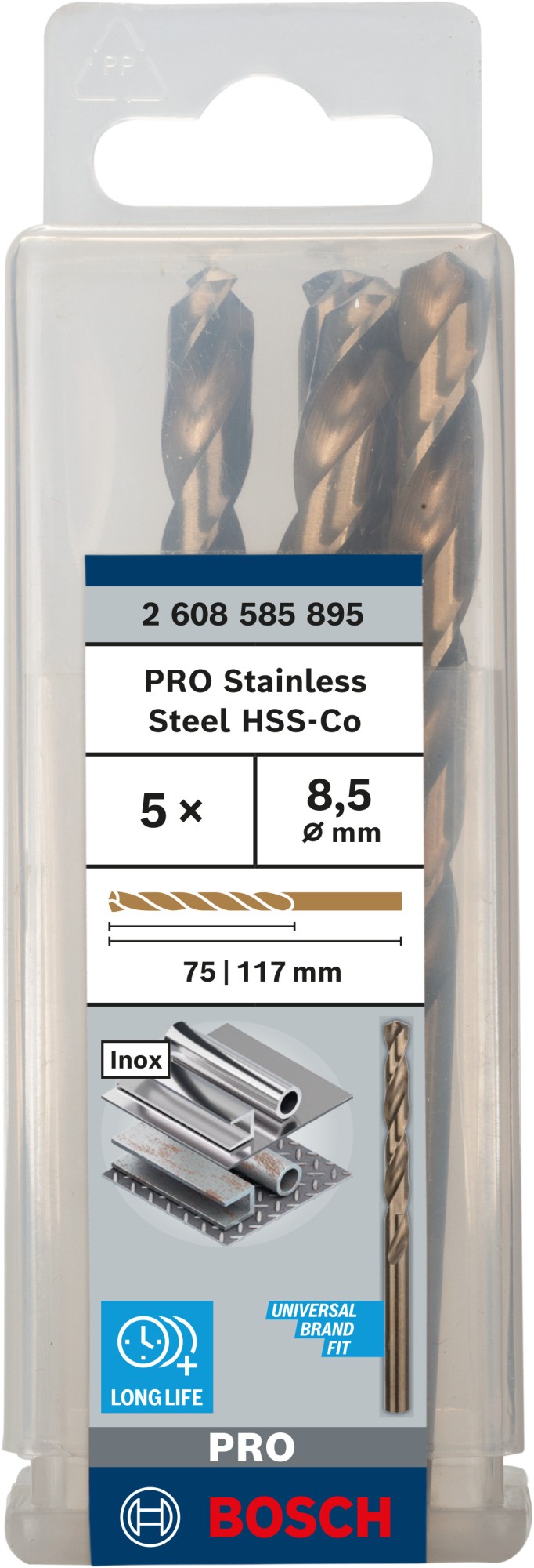 Broca helicoidal PRO Stainless Steel HSS-Co, 8,5 x 75 x 117 mm, 5 unidades