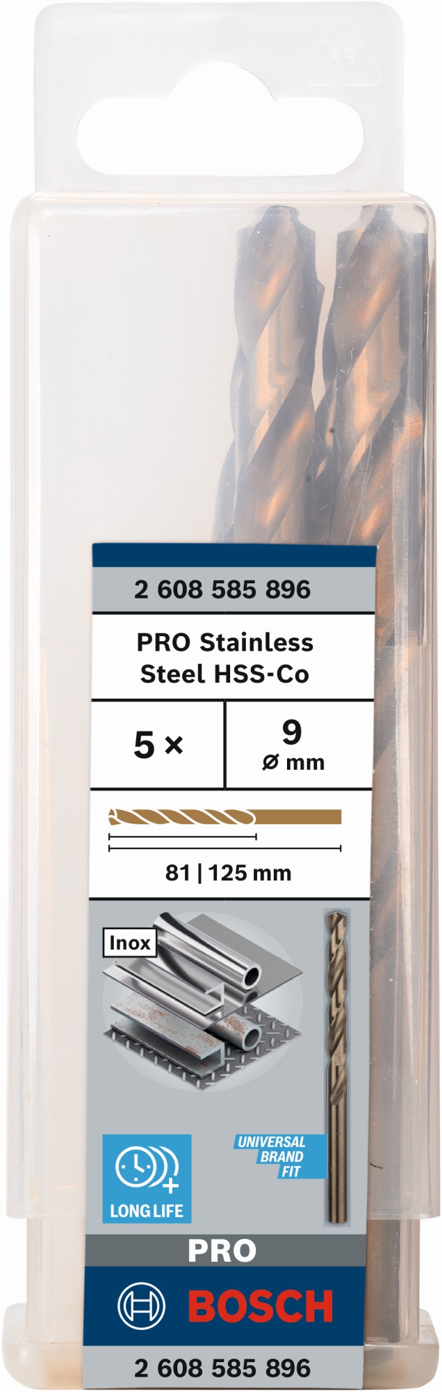 Broca helicoidal PRO Stainless Steel HSS-Co, 9 x 81 x 125 mm, 5 unidades