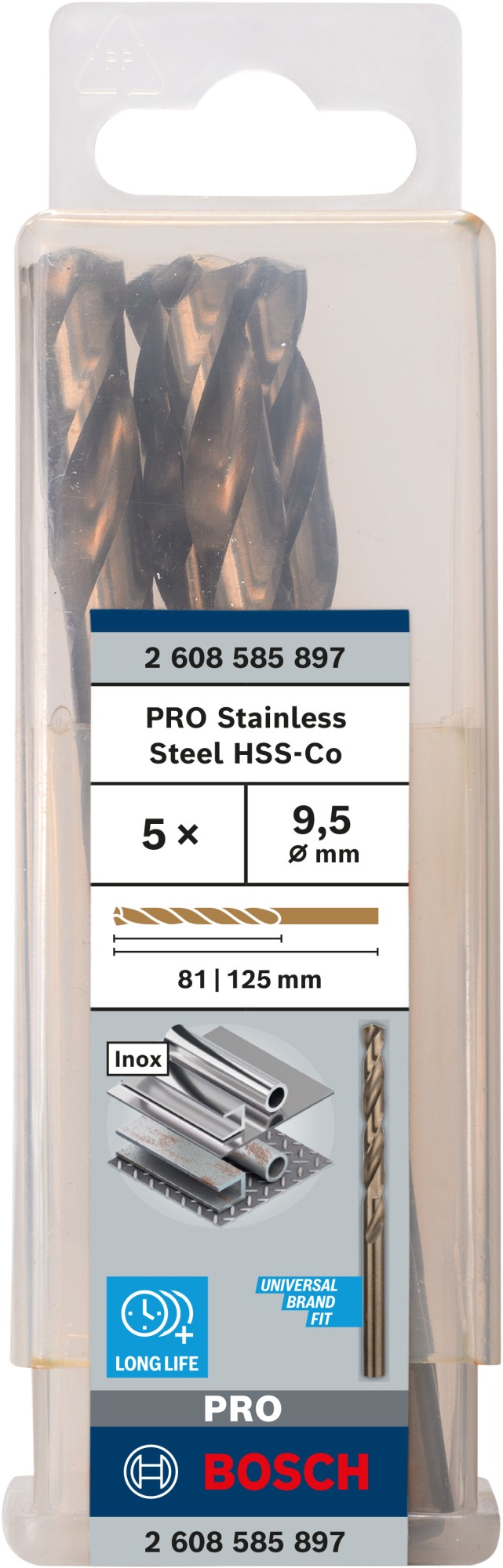 Broca helicoidal PRO Stainless Steel HSS-Co, 9,5 x 81 x 125 mm, 5 unidades