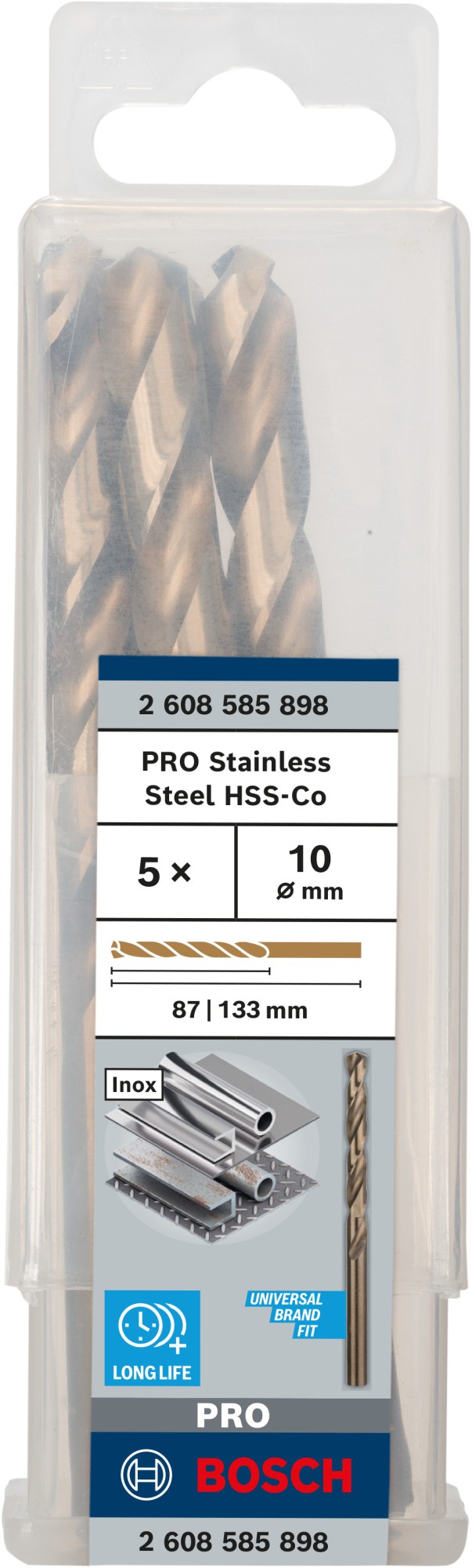 Broca helicoidal PRO Stainless Steel HSS-Co, 10 x 87 x 133 mm, 5 unidades