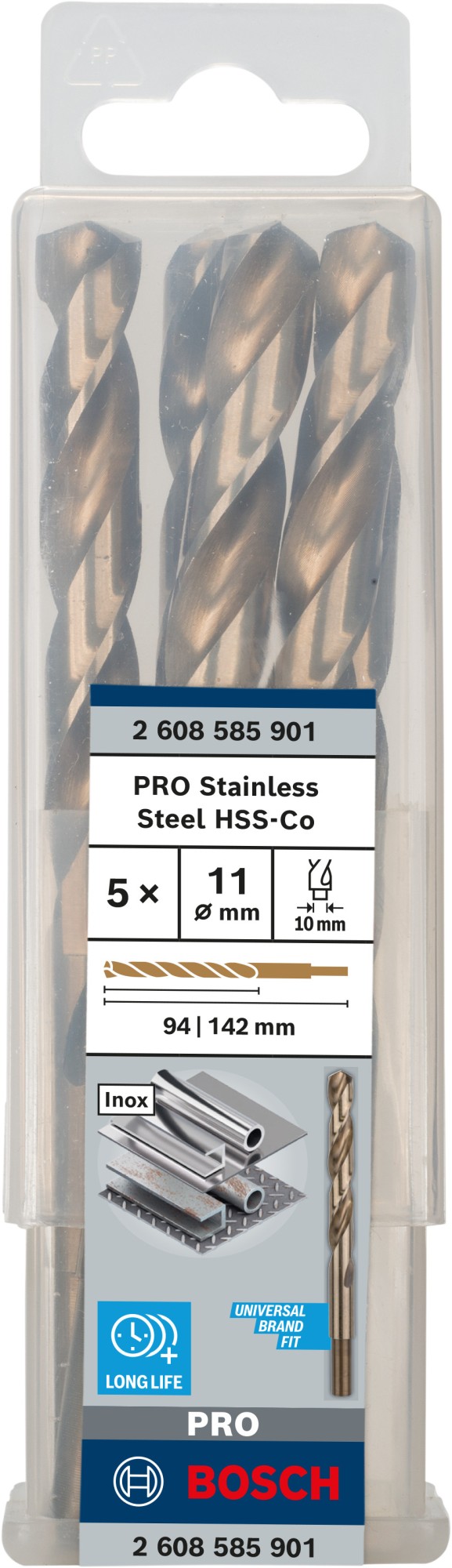 Broca helicoidal PRO Stainless Steel HSS-Co, 11 x 94 x 142 mm, 5 unidades