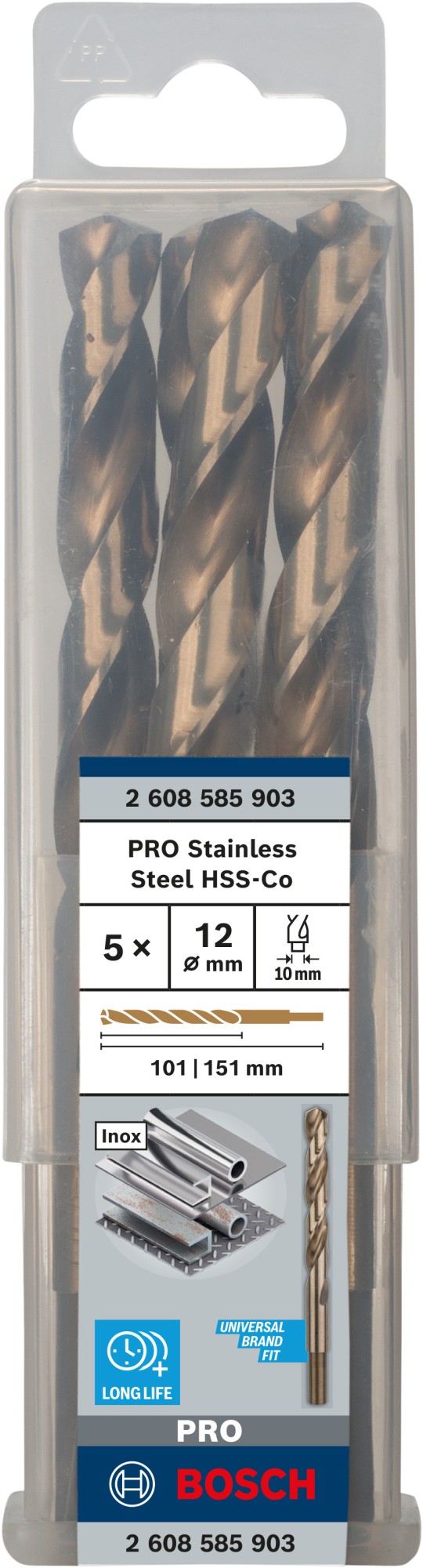 Broca helicoidal PRO Stainless Steel HSS-Co, 12 x 101 x 151 mm, 5 unidades