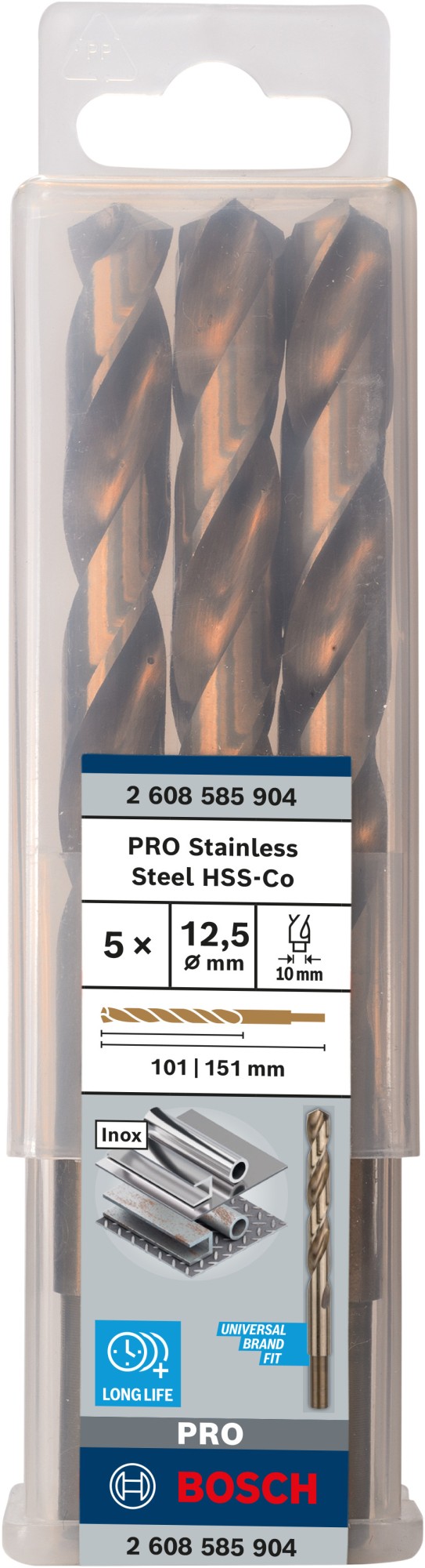 Broca helicoidal PRO Stainless Steel HSS-Co, 12,5 x 101 x 151 mm, 5 unidades