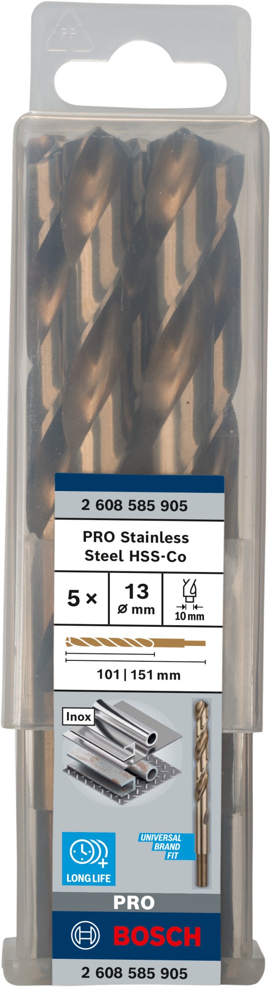 Broca helicoidal PRO Stainless Steel HSS-Co, 13 x 101 x 151 mm, 5 unidades