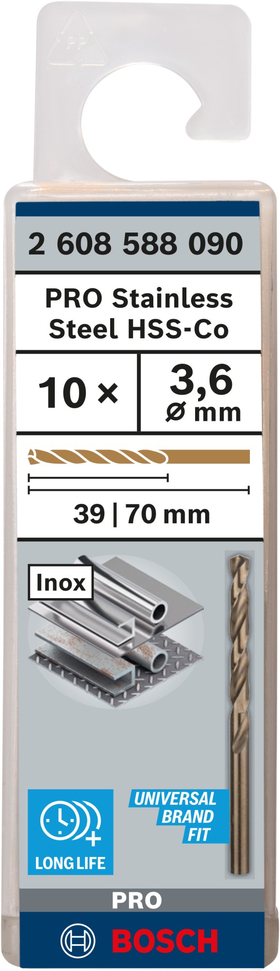 Broca helicoidal PRO Stainless Steel HSS-Co, 3,6 x 39 x 70 mm, 10 unidades