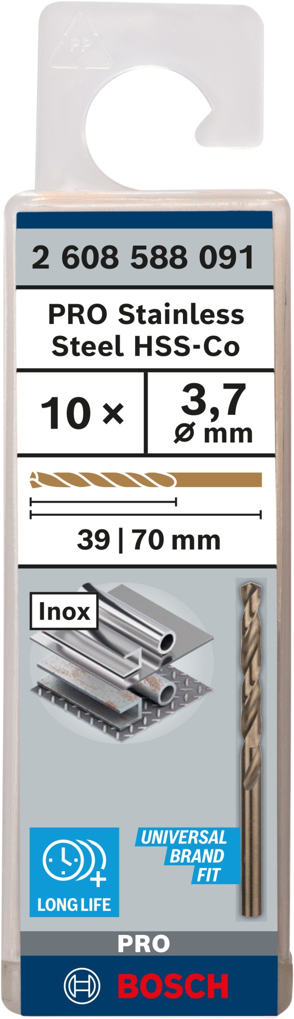 Broca helicoidal PRO Stainless Steel HSS-Co, 3,7 x 39 x 70 mm, 10 unidades