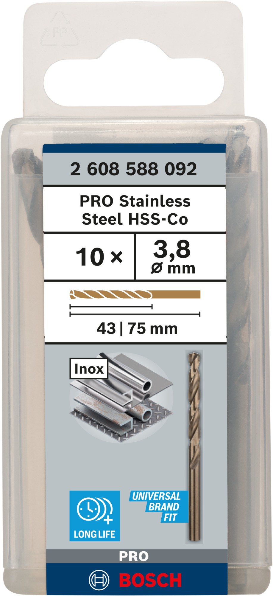 Broca helicoidal PRO Stainless Steel HSS-Co, 3,8 x 43 x 75 mm, 10 unidades
