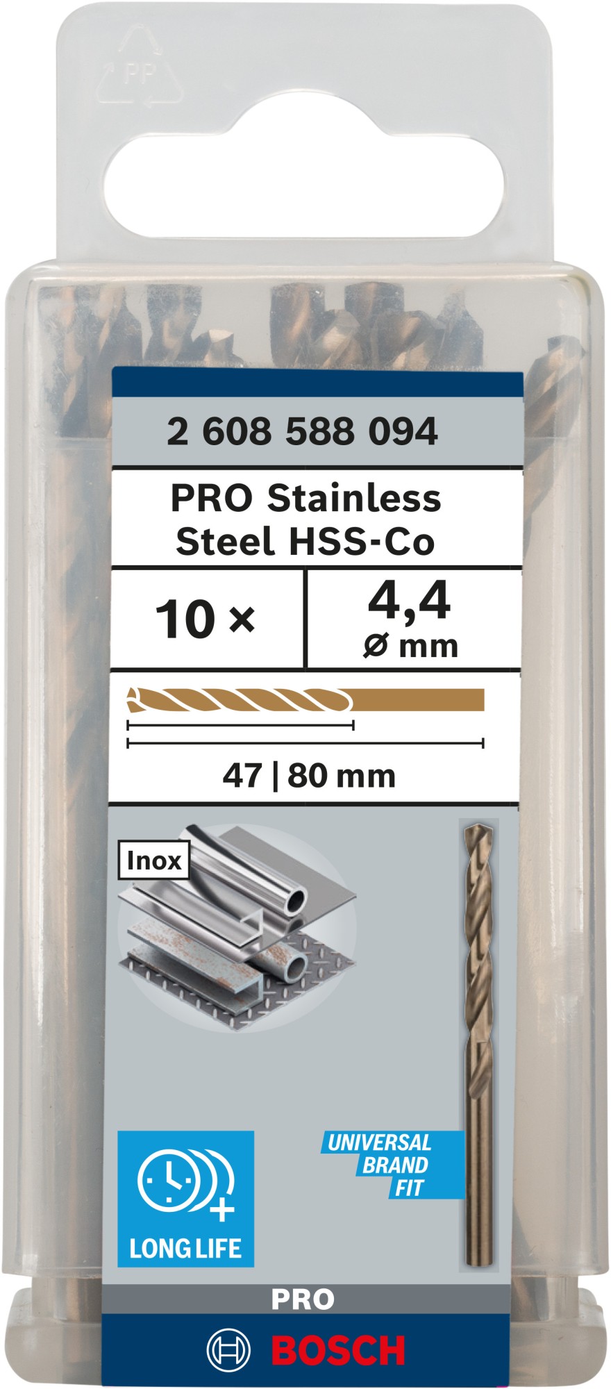 Broca helicoidal PRO Stainless Steel HSS-Co, 4,4 x 47 x 80 mm, 10 unidades