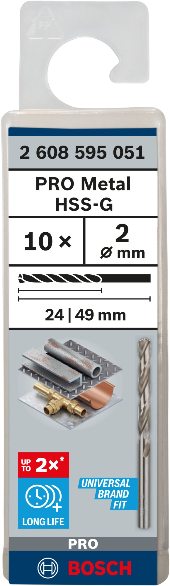 Broca helicoidal PRO Metal HSS-G, longitud estándar, 2 x 24 x 49 mm, 10 unidades