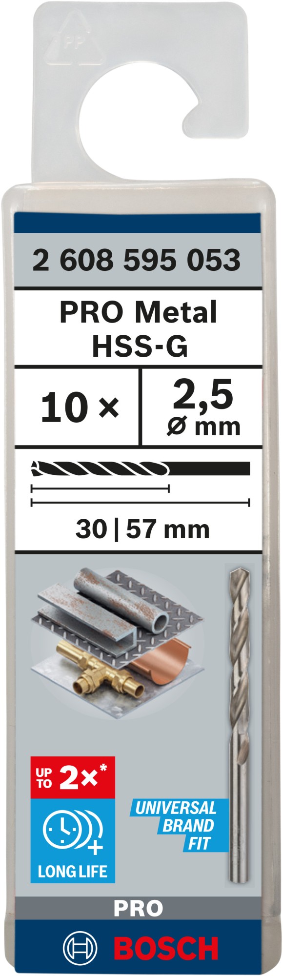 Broca helicoidal PRO Metal HSS-G, longitud estándar, 2,5 x 30 x 57 mm, 10 unidades