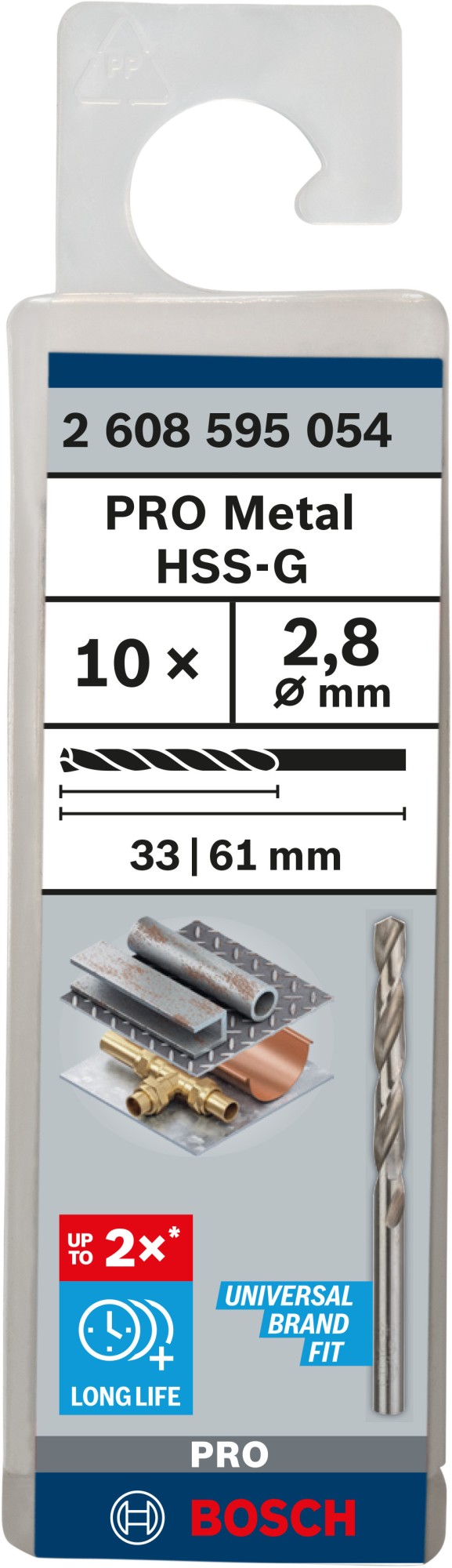 Broca helicoidal PRO Metal HSS-G, longitud estándar, 2,8 x 33 x 61 mm, 10 unidades
