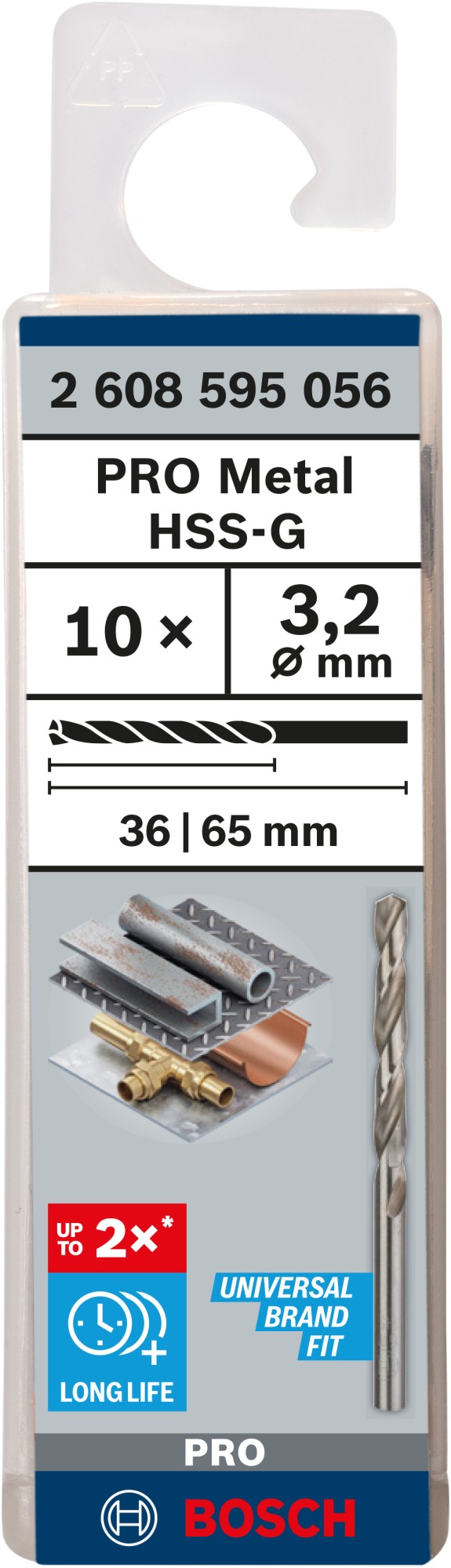 Broca helicoidal PRO Metal HSS-G, longitud estándar, 3,2 x 36 x 65 mm, 10 unidades