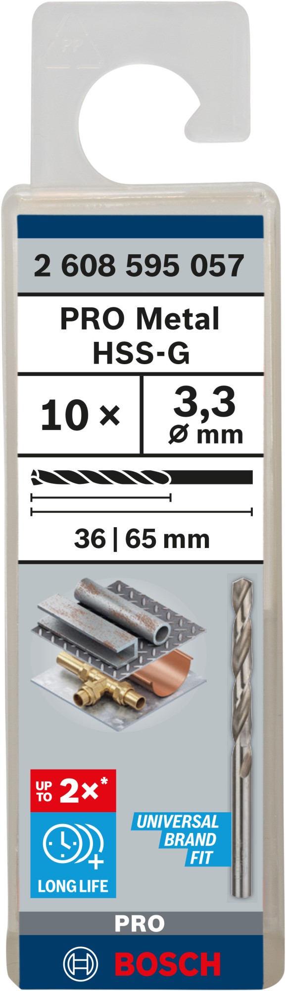 Broca helicoidal PRO Metal HSS-G, longitud estándar, 3,3 x 36 x 65 mm, 10 unidades