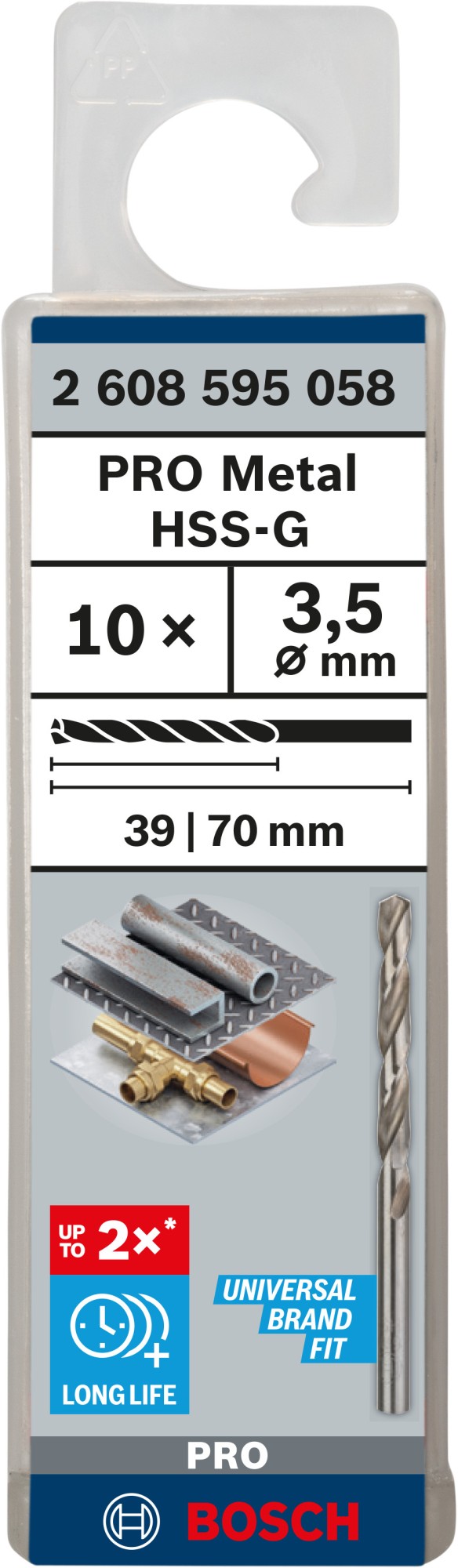 Broca helicoidal PRO Metal HSS-G, longitud estándar, 3,5 x 39 x 70 mm, 10 unidades