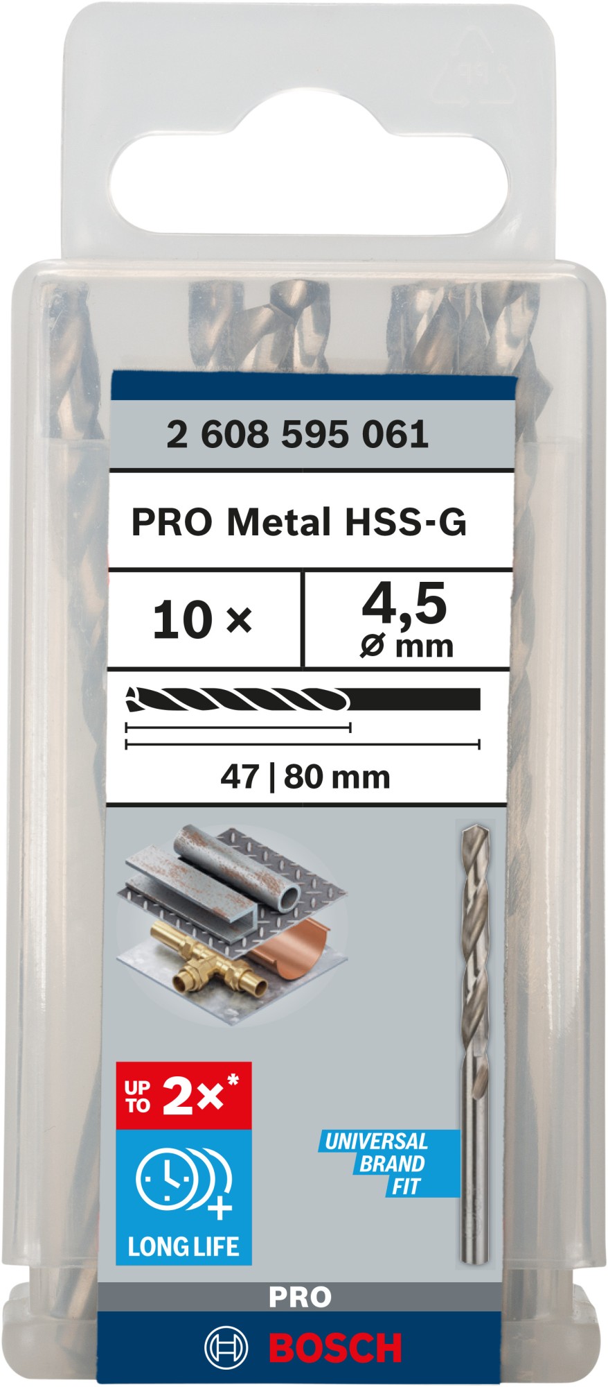 Broca helicoidal PRO Metal HSS-G, longitud estándar, 4,5 x 47 x 80 mm, 10 unidades