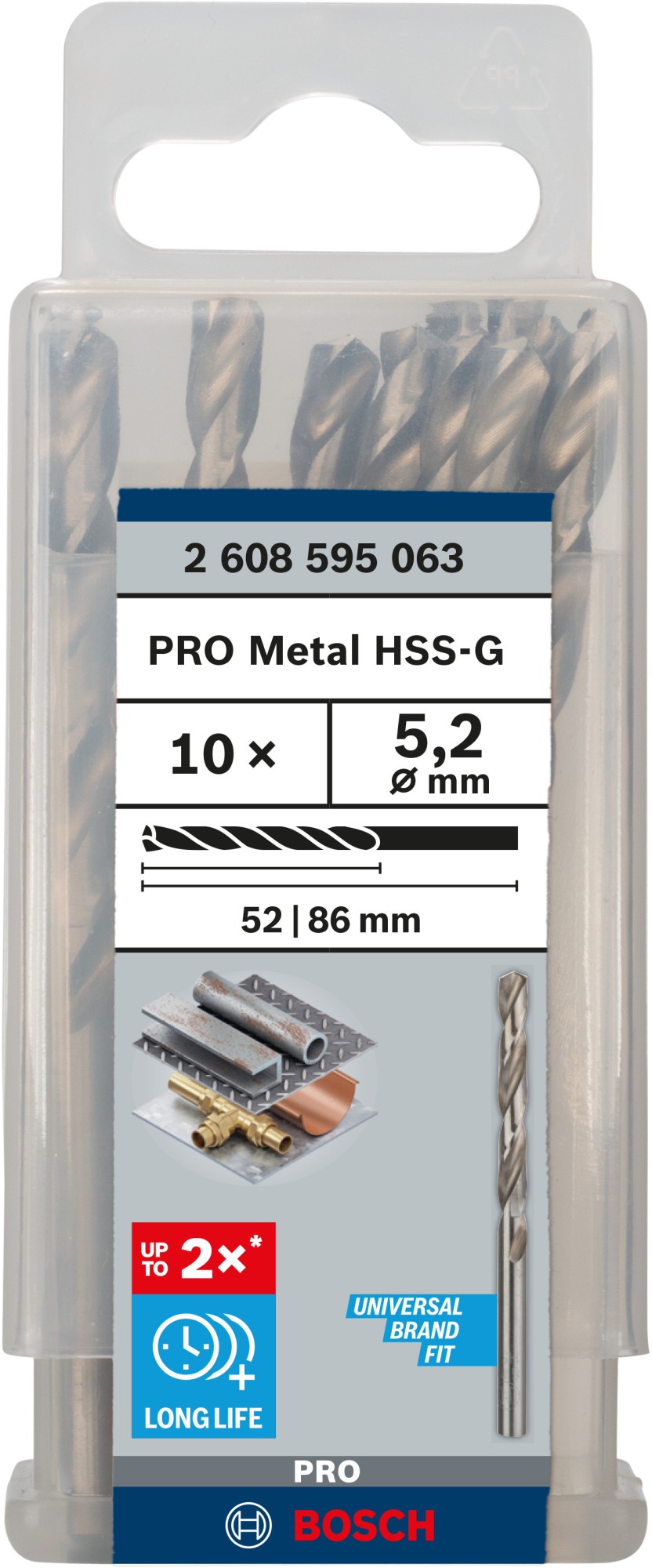 Broca helicoidal PRO Metal HSS-G, longitud estándar, 5,2 x 52 x 86 mm, 10 unidades