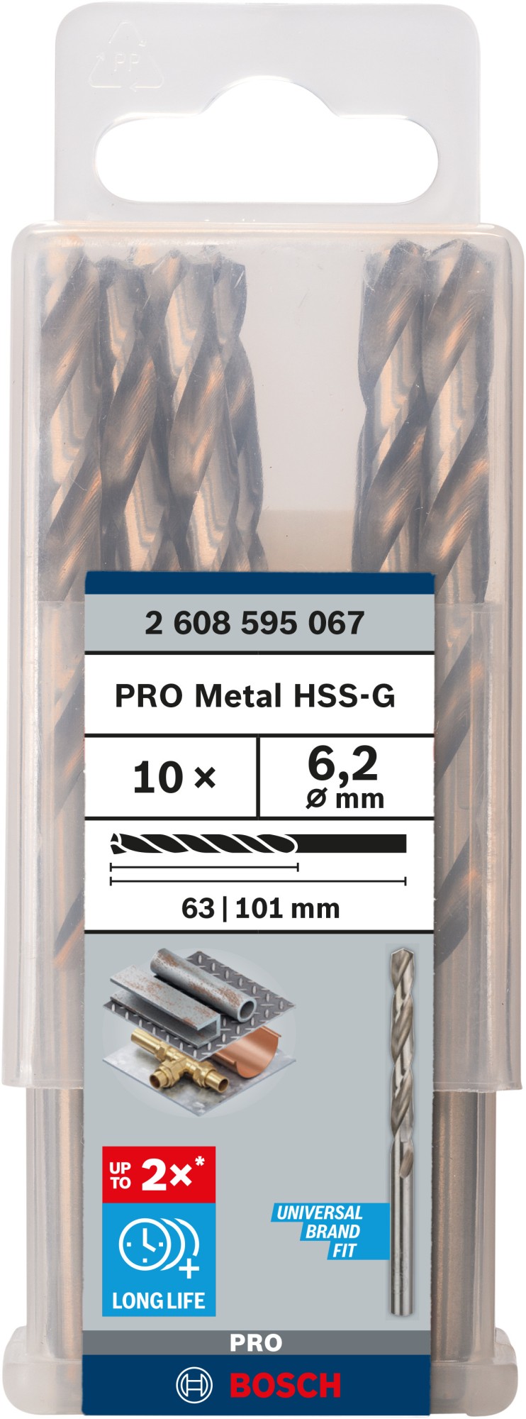 Broca helicoidal PRO Metal HSS-G, longitud estándar, 6,2 x 63 x 101 mm, 10 unidades