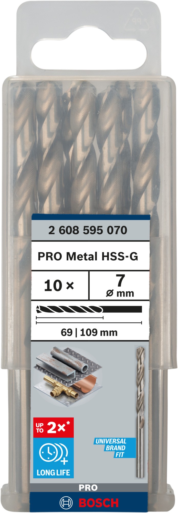 Broca helicoidal PRO Metal HSS-G, longitud estándar, 7 x 69 x 109 mm, 10 unidades