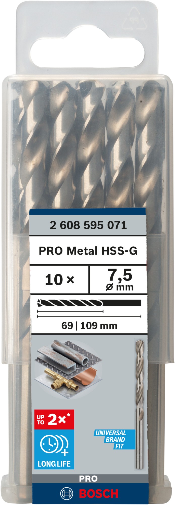 Broca helicoidal PRO Metal HSS-G, longitud estándar, 7,5 x 69 x 109 mm, 10 unidades