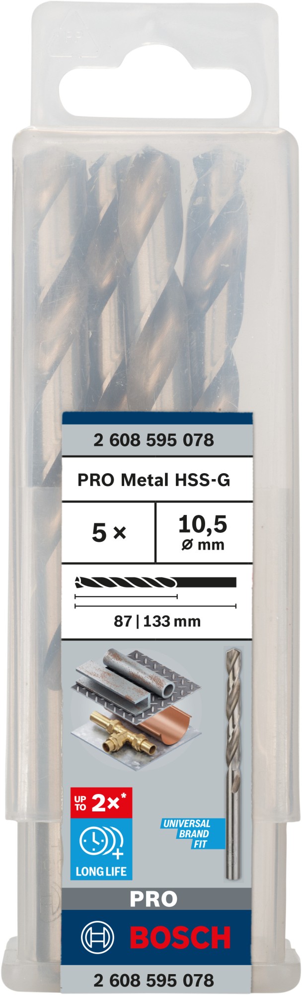 Broca helicoidal PRO Metal HSS-G, longitud estándar, 10,5 x 87 x 133 mm, 5 unidades