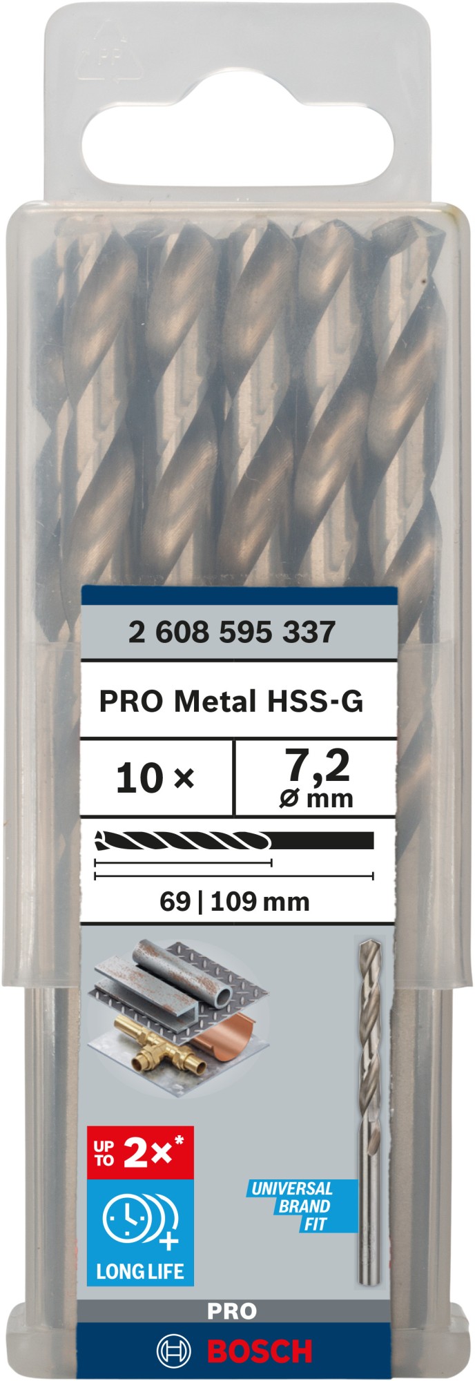 Broca helicoidal PRO Metal HSS-G, longitud estándar, 7,2 x 69 x 109 mm, 10 unidades