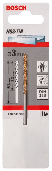 Brocas para metal HSS-TiN, DIN 338. 3 x 33 x 61 mm