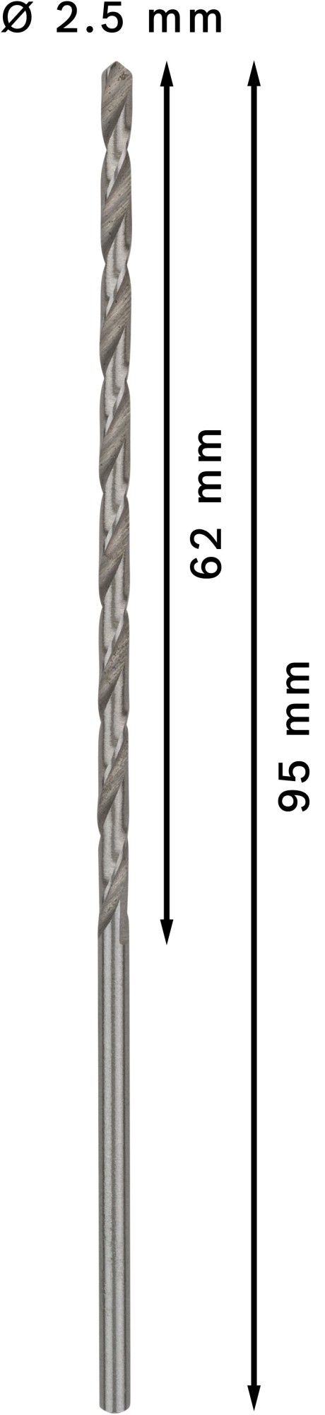 Broca helicoidal PRO Metal HSS-G larga, 2,5 x 62 x 95 mm, 5 unidades
