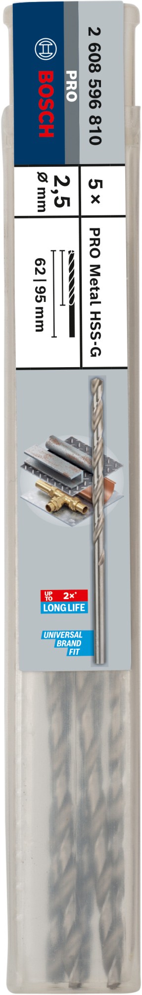 Broca helicoidal PRO Metal HSS-G larga, 2,5 x 62 x 95 mm, 5 unidades