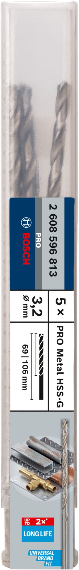 Broca helicoidal PRO Metal HSS-G larga, 3,2 x 69 x 106 mm, 5 unidades