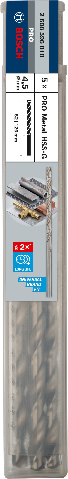 Broca helicoidal PRO Metal HSS-G larga, 4,5 x 82 x 126 mm, 5 unidades