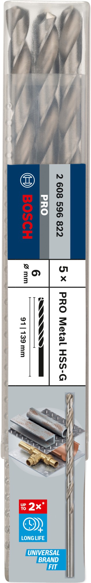 Broca helicoidal PRO Metal HSS-G larga, 6 x 91 x 139 mm, 5 unidades