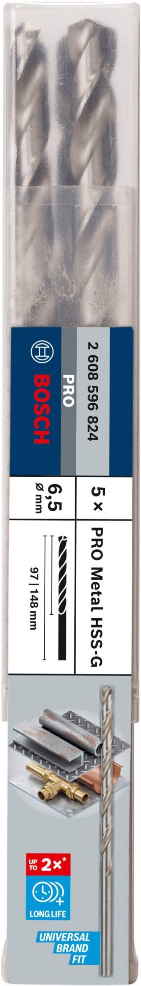 Broca helicoidal PRO Metal HSS-G larga, 6,5 x 97 x 148 mm, 5 unidades