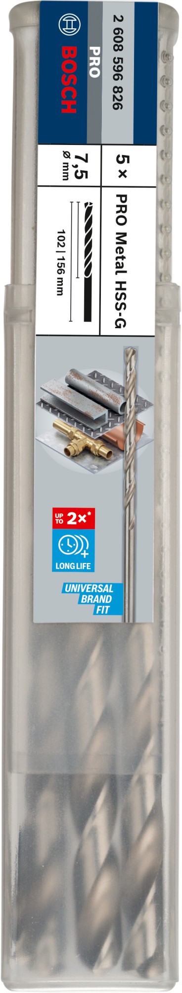 Broca helicoidal PRO Metal HSS-G larga, 7,5 x 102 x 156 mm, 5 unidades