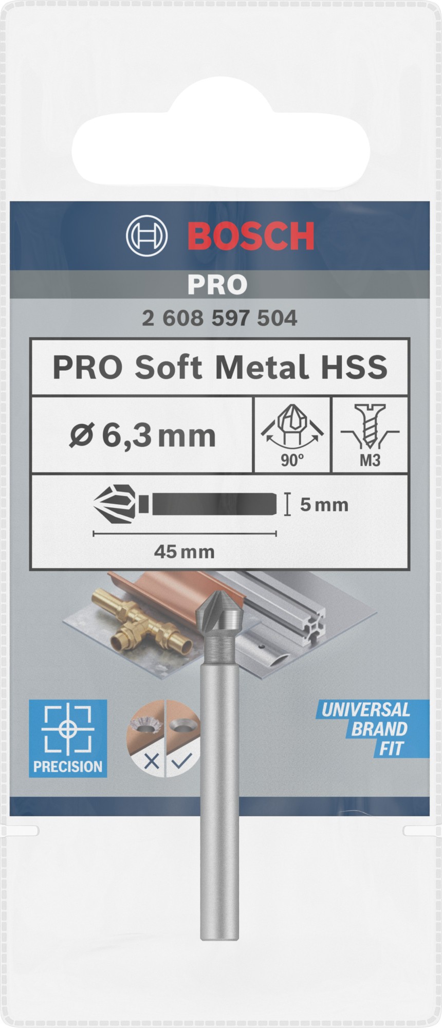 Broca avellanadora PRO Soft Metal HSS, 6,3 x 45 mm, M3