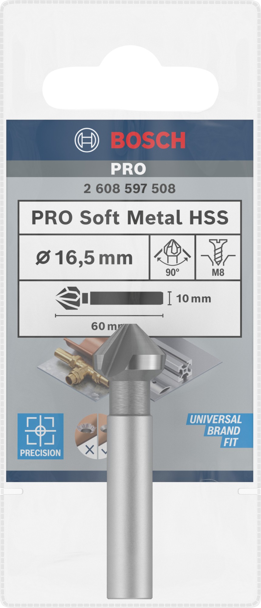 Broca avellanadora PRO Soft Metal HSS, 16,5 x 60 mm, M8