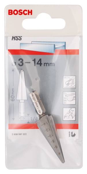 Brocas para chapa, vástago hexagonal. 3-14 mm, 60 mm, 1/4"