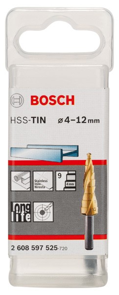 Brocas escalonadas HSS-TiN. 4 - 12 mm, 6,0 mm, 66,5 mm