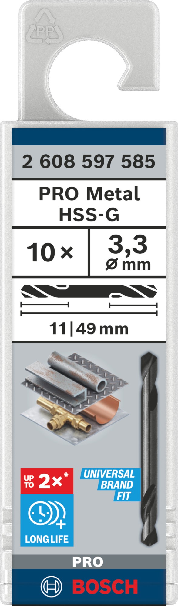 Broca helicoidal de doble punta PRO Metal HSS-G, 3,3 x 11 x 49 mm, 10 uds.
