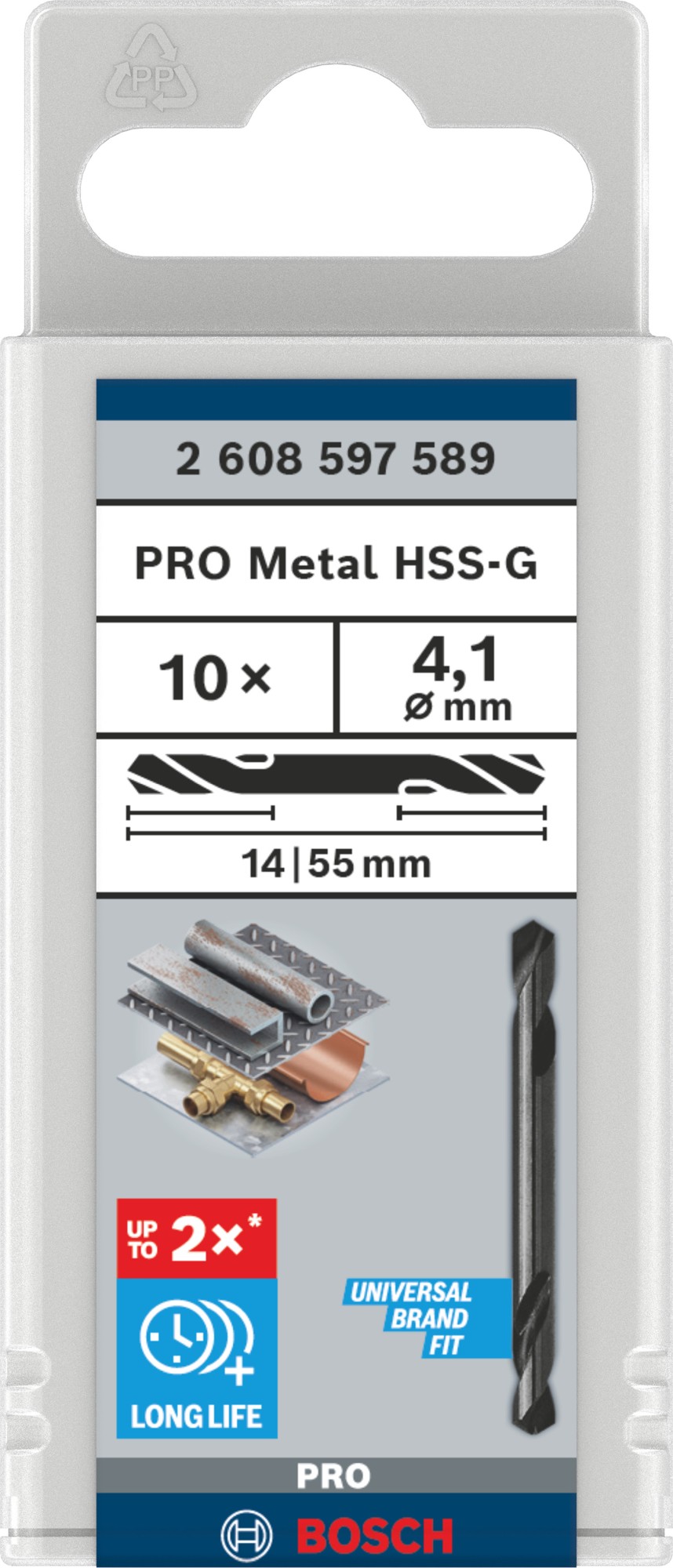 Broca helicoidal de doble punta PRO Metal HSS-G, 4,1 x 14 x 55 mm, 10 uds.
