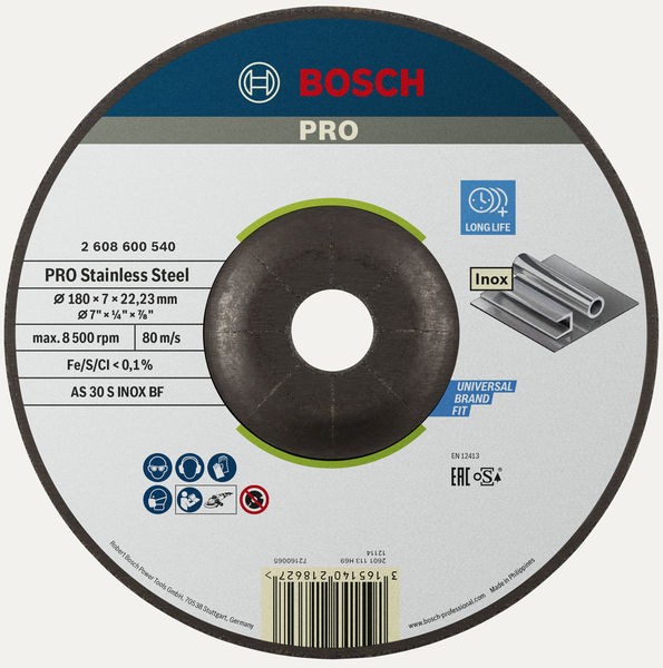 Disco de desbaste abrasivo PRO Stainless Steel para amoladoras grandes, diámetro interior de 22,23 mm