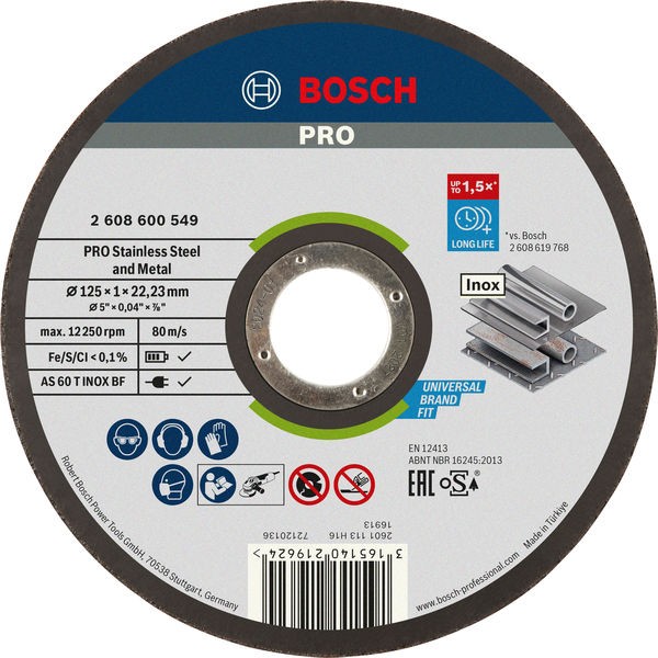Disco de corte abrasivo PRO Stainless Steel and Metal, 125 x 1 x 22,23 mm, recto