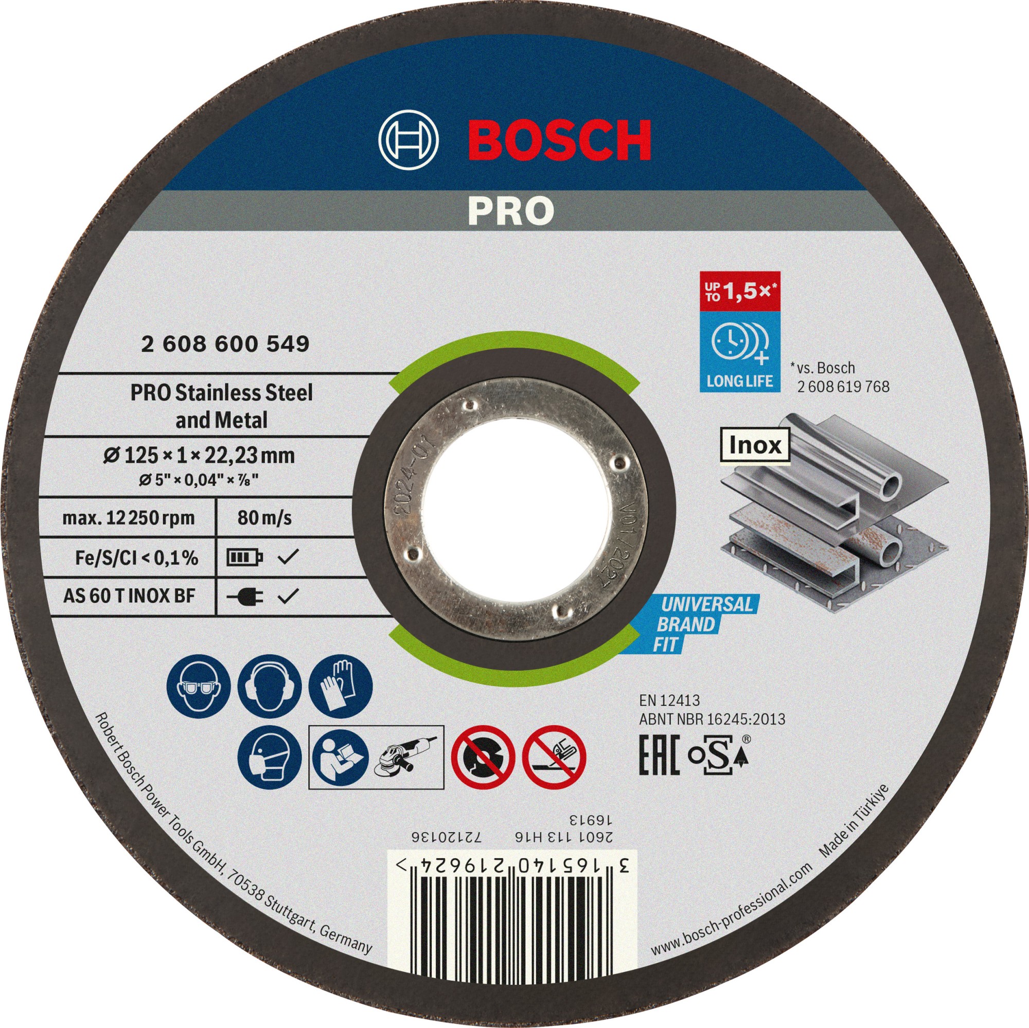 Disco de corte abrasivo PRO Stainless Steel and Metal, 125 x 1 x 22,23 mm, recto